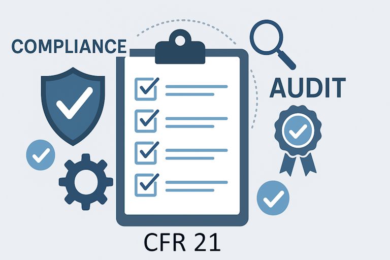 Ilustración de cumplimiento y auditoría: lista de verificación, sello y lupa